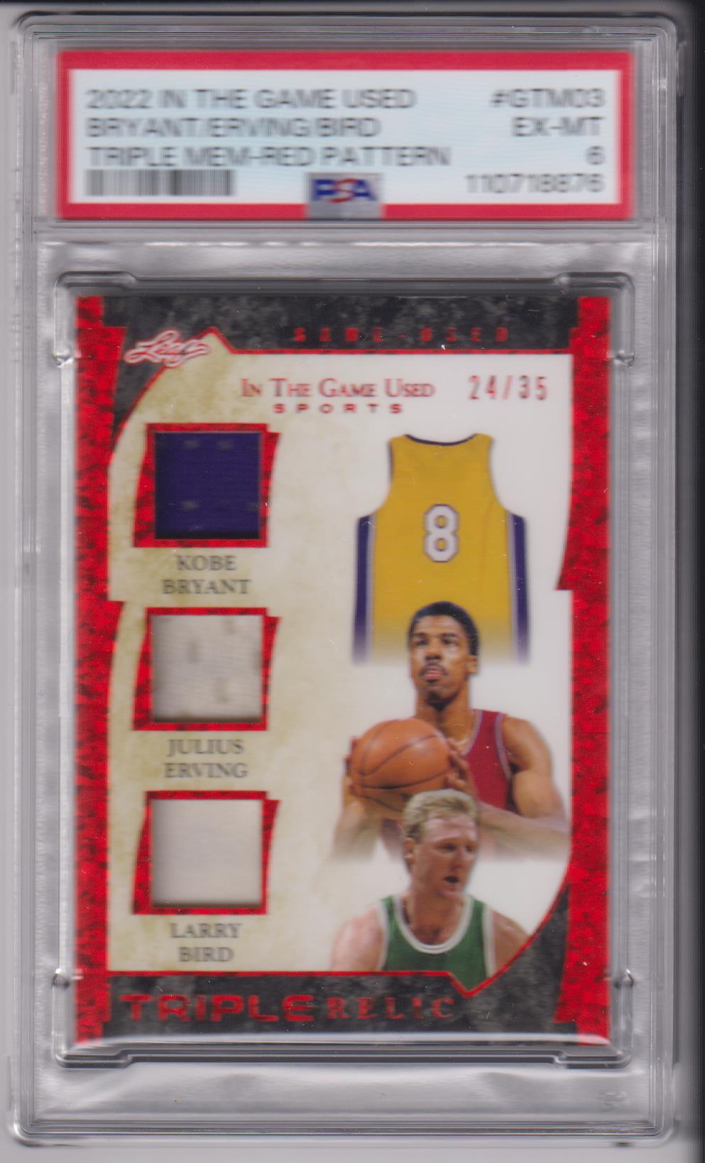 2022 In The Game Used Triple Mem-Red Pattern 24/35 Kobe Bryant - Julius Erving - Larry Bird #GT03 PSA 6