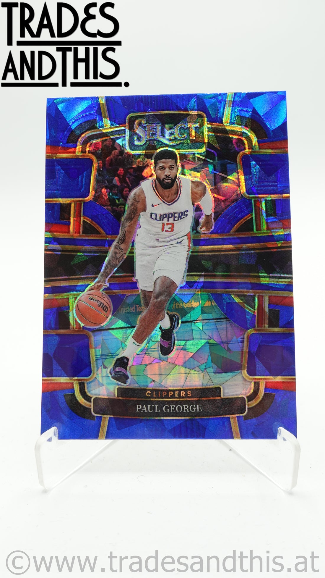 2023-24 Panini Select Basketball Blue Cracked Ice Prizm Paul George #14
