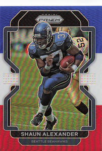 2021 Prizm Football Green Prizm Red White Blue Shaun Alexander #50