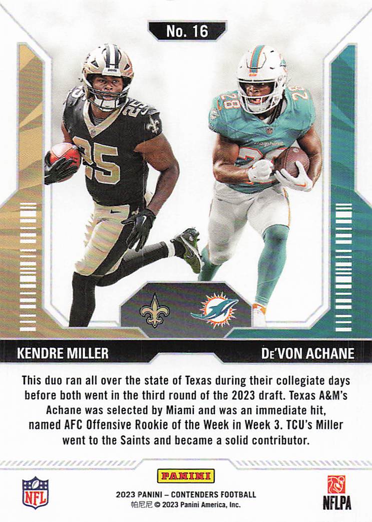 2023 Panini Contenders Round Numbers Bronze Kendre Miller - De'Von Achane #16
