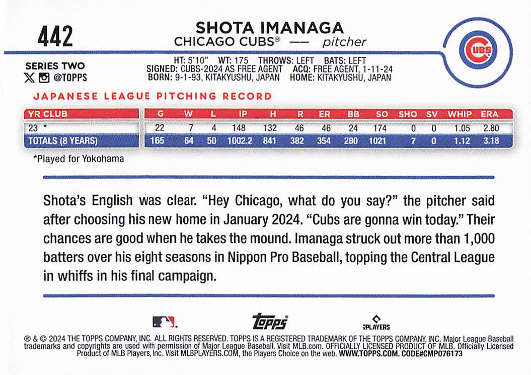 2024 Topps Baseball Series 2 Shota Imanaga #442 RC