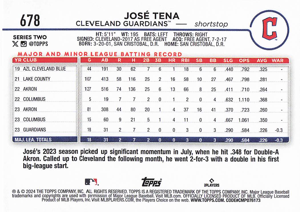 2024 Topps Baseball Series 2 José Tena #678 RC