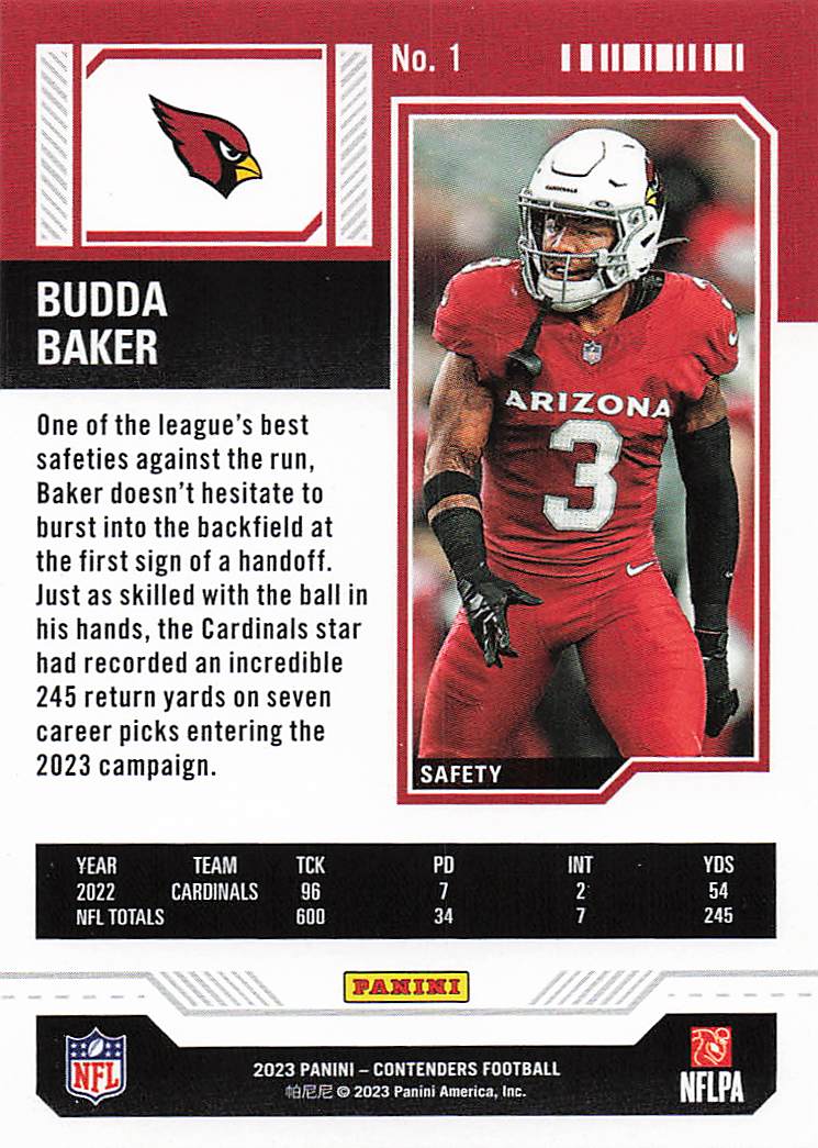 2023 Panini Contenders Football Budda Baker #1