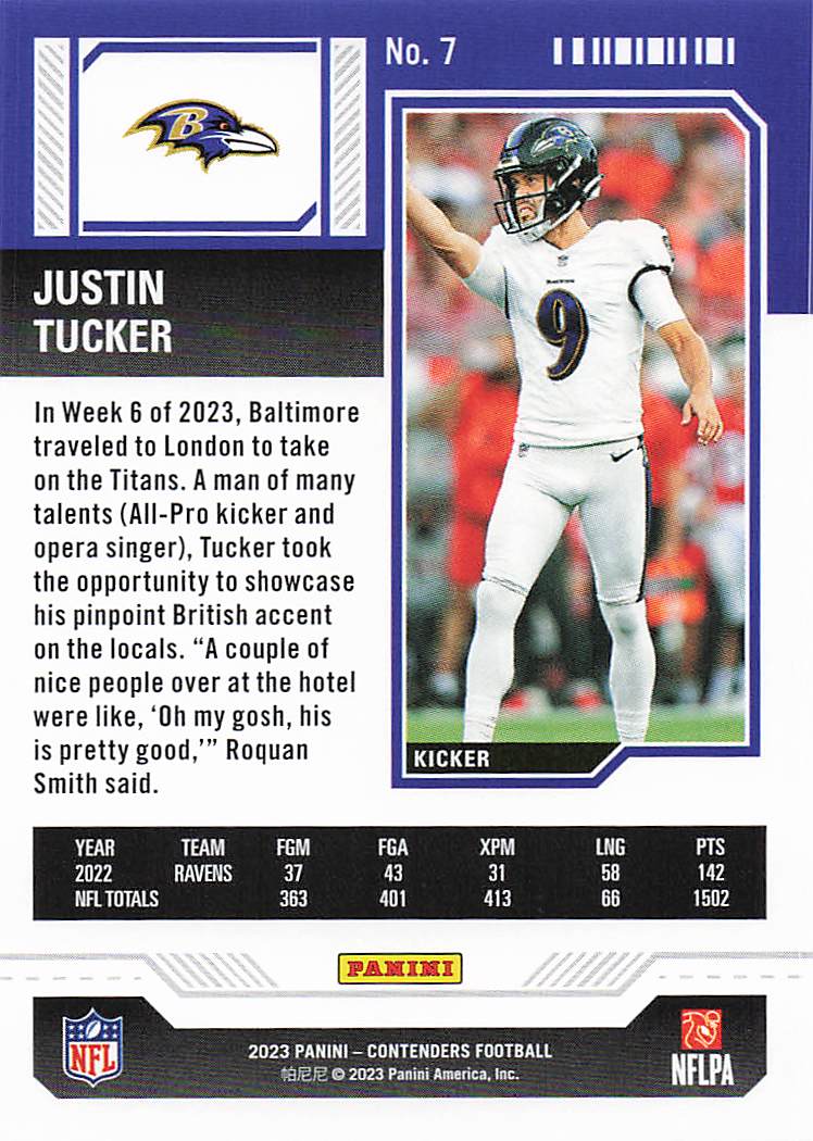 2023 Panini Contenders Football Justin Tucker #7