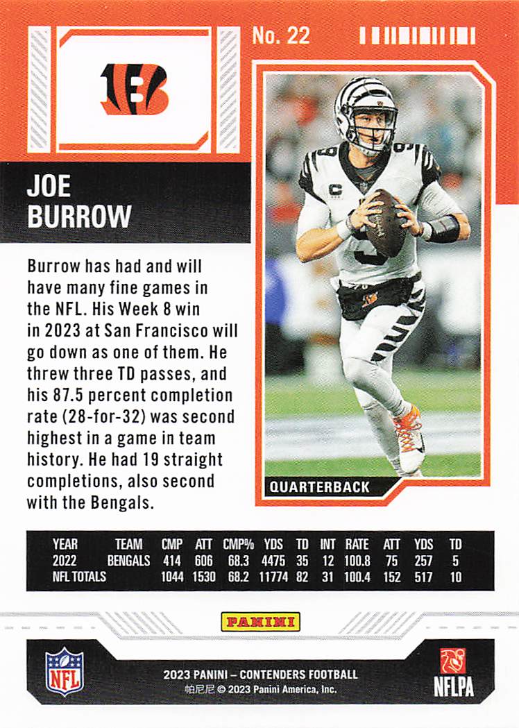 2023 Panini Contenders Football Joe Burrow #22