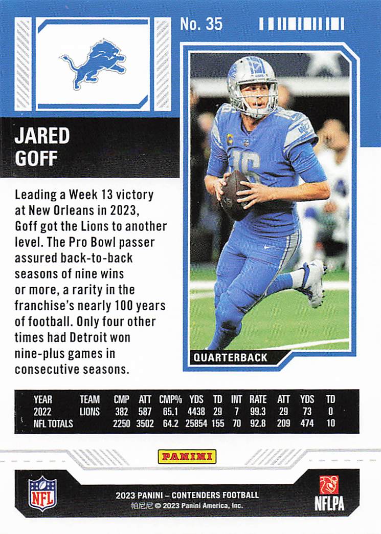 2023 Panini Contenders Football Jared Goff #35