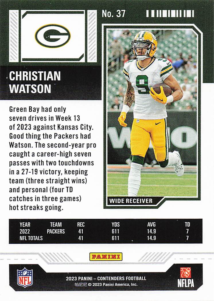2023 Panini Contenders Football Christian Watson #37
