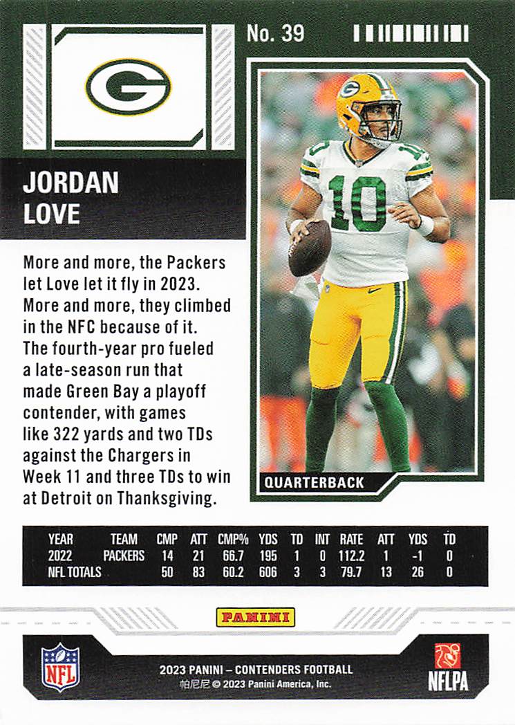 2023 Panini Contenders Football Jordan Love #39