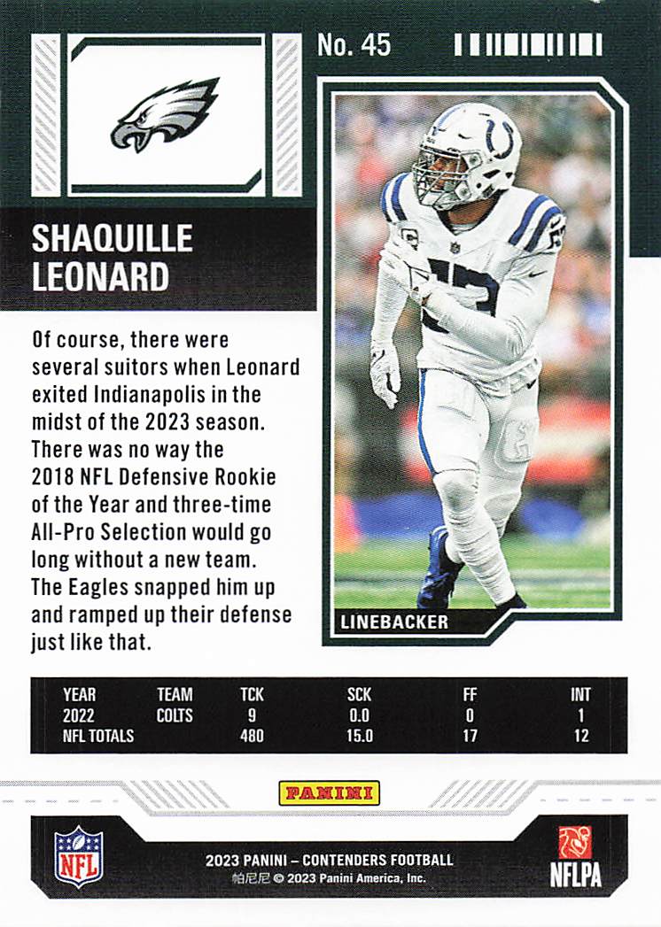 2023 Panini Contenders Football Shaquille Leonard #45