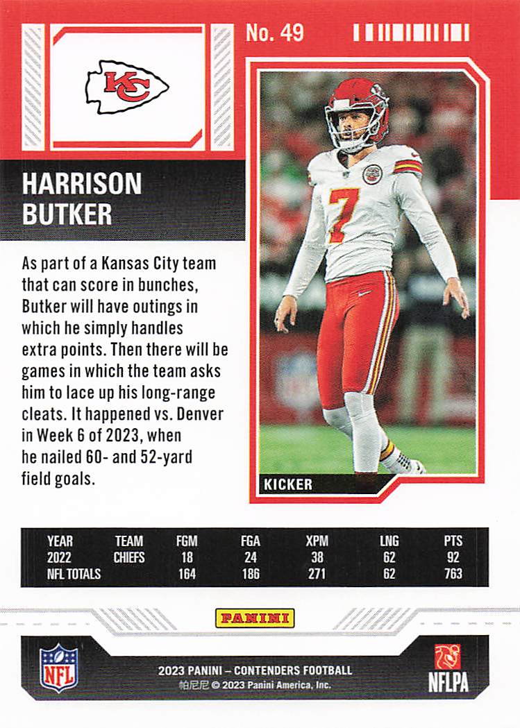 2023 Panini Contenders Football Harrison Butker #49