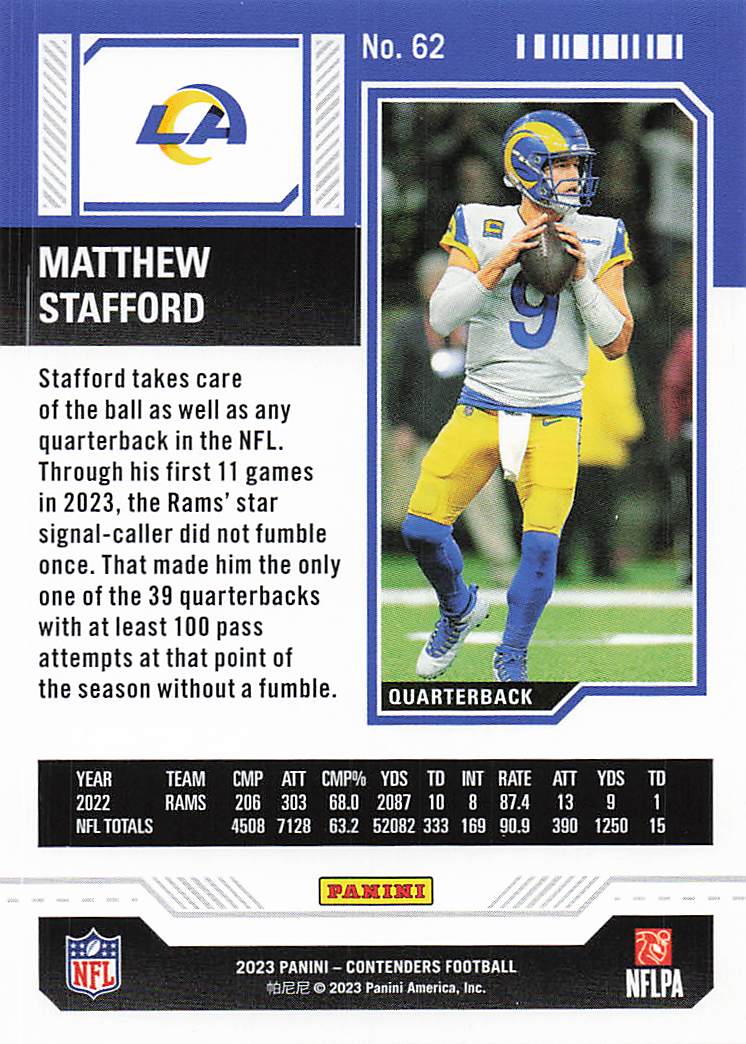 2023 Panini Contenders Football Matthew Stafford #62
