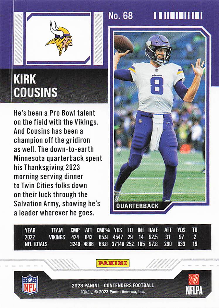 2023 Panini Contenders Football Kirk Cousins #68