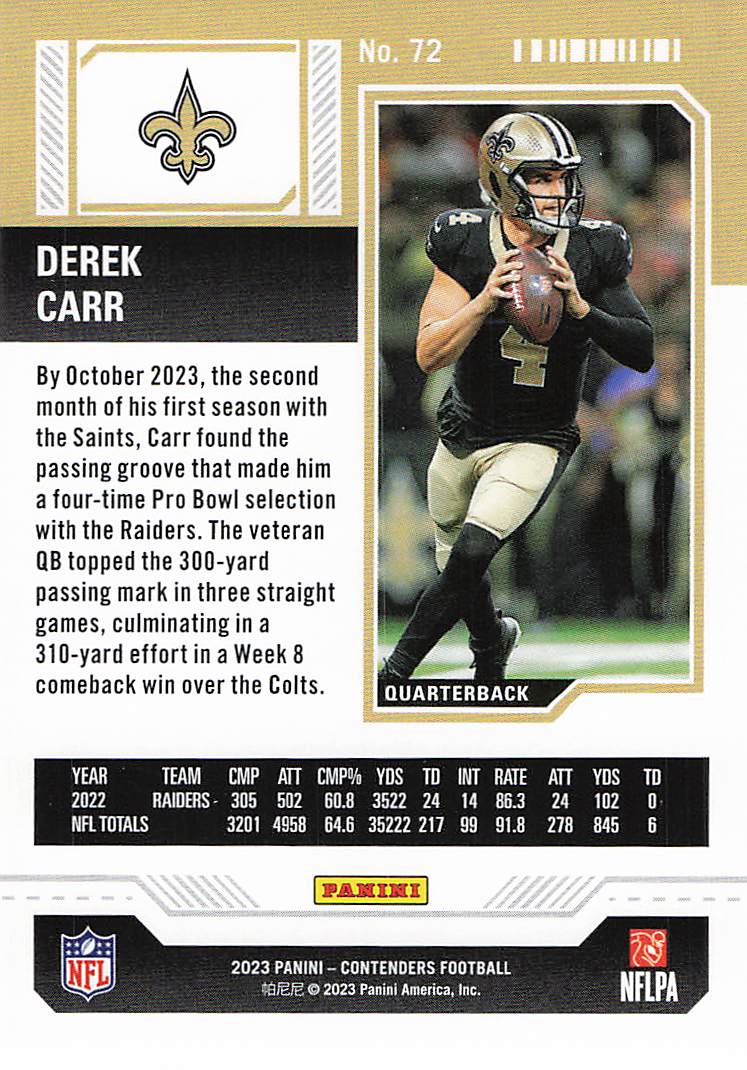 2023 Panini Contenders Football Derek Carr #72