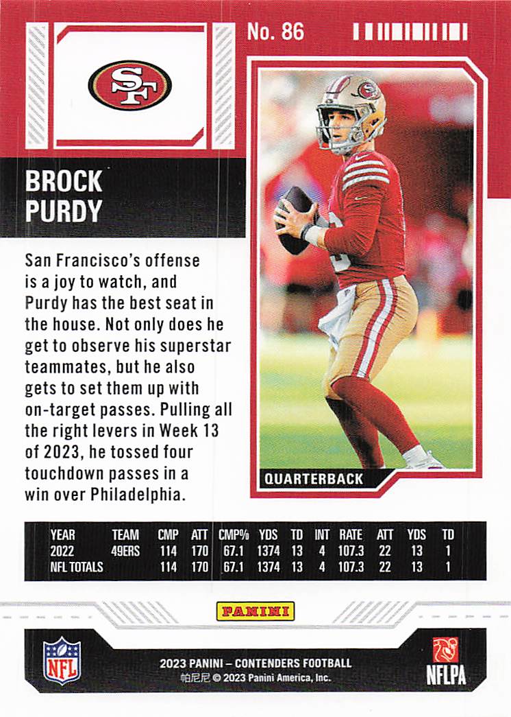 2023 Panini Contenders Football Brock Purdy #86
