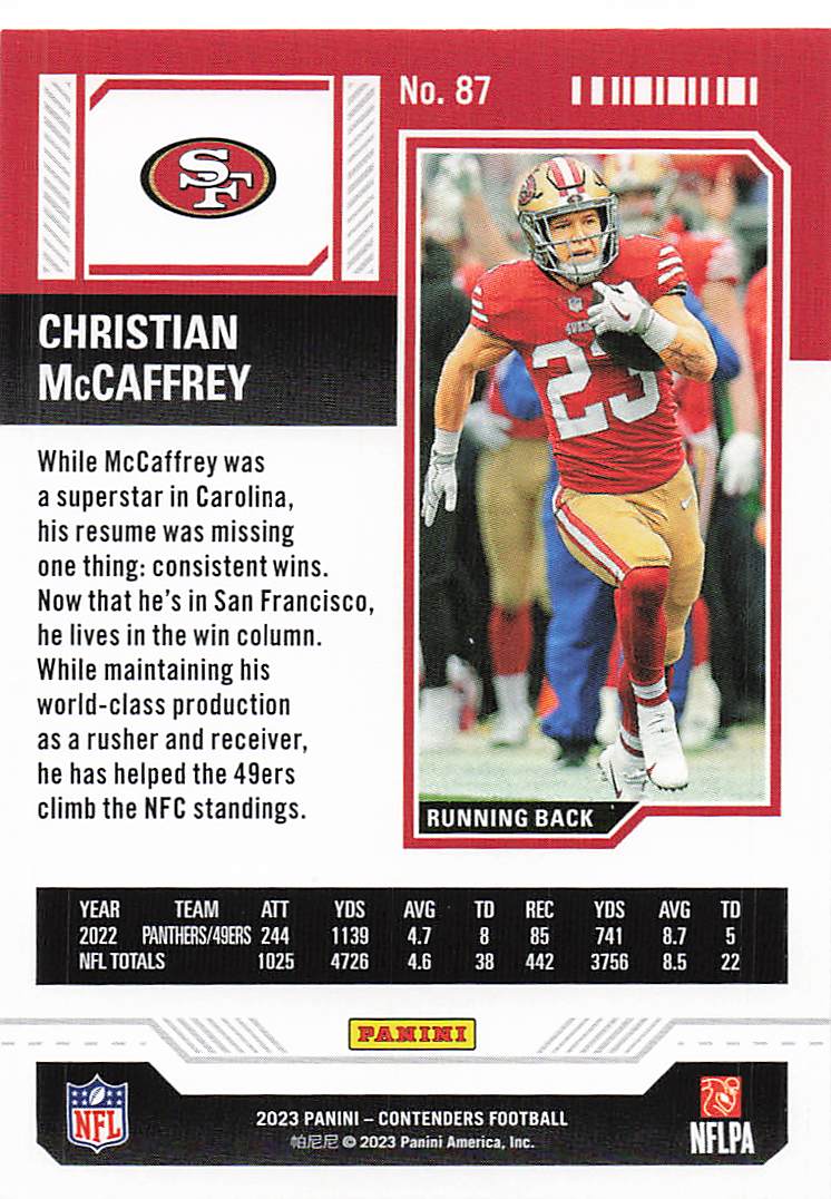 2023 Panini Contenders Football Christian McCaffrey #87