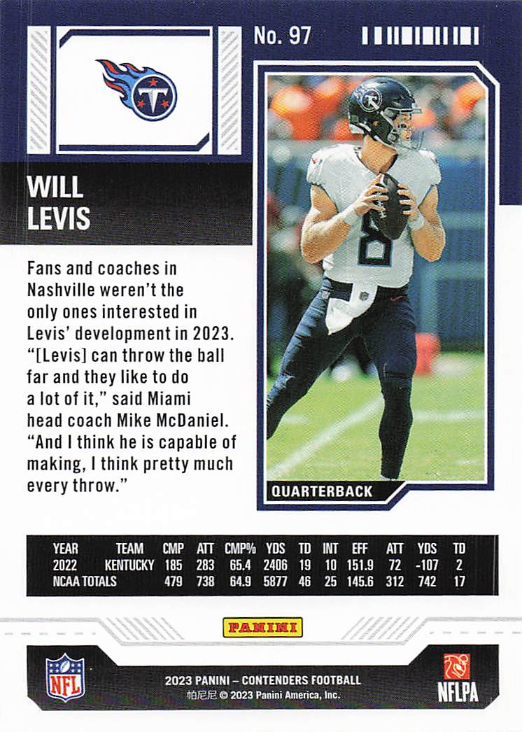 2023 Panini Contenders Football Will Levis #97 RC