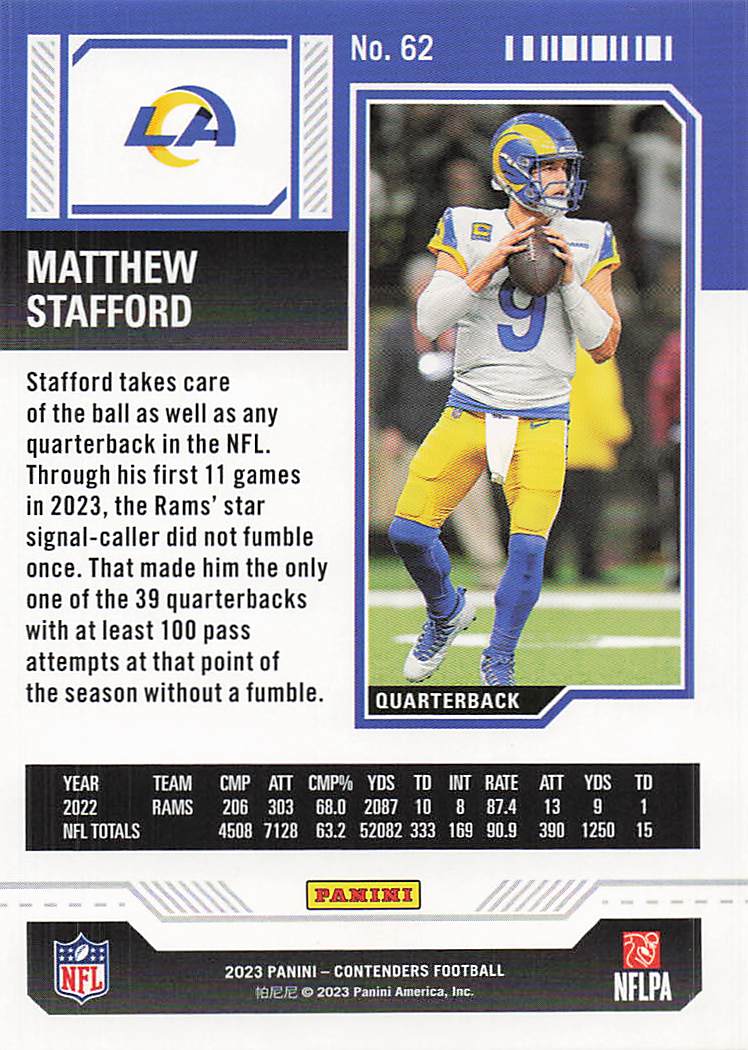 2023 Panini Contenders Game Ticket Red Matthew Stafford #62
