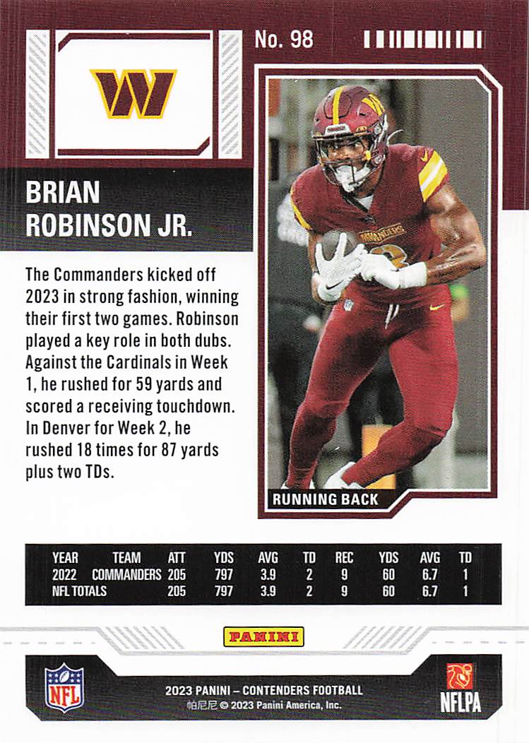 2023 Panini Contenders Game Ticket Bronze Brian Robinson Jr. #98