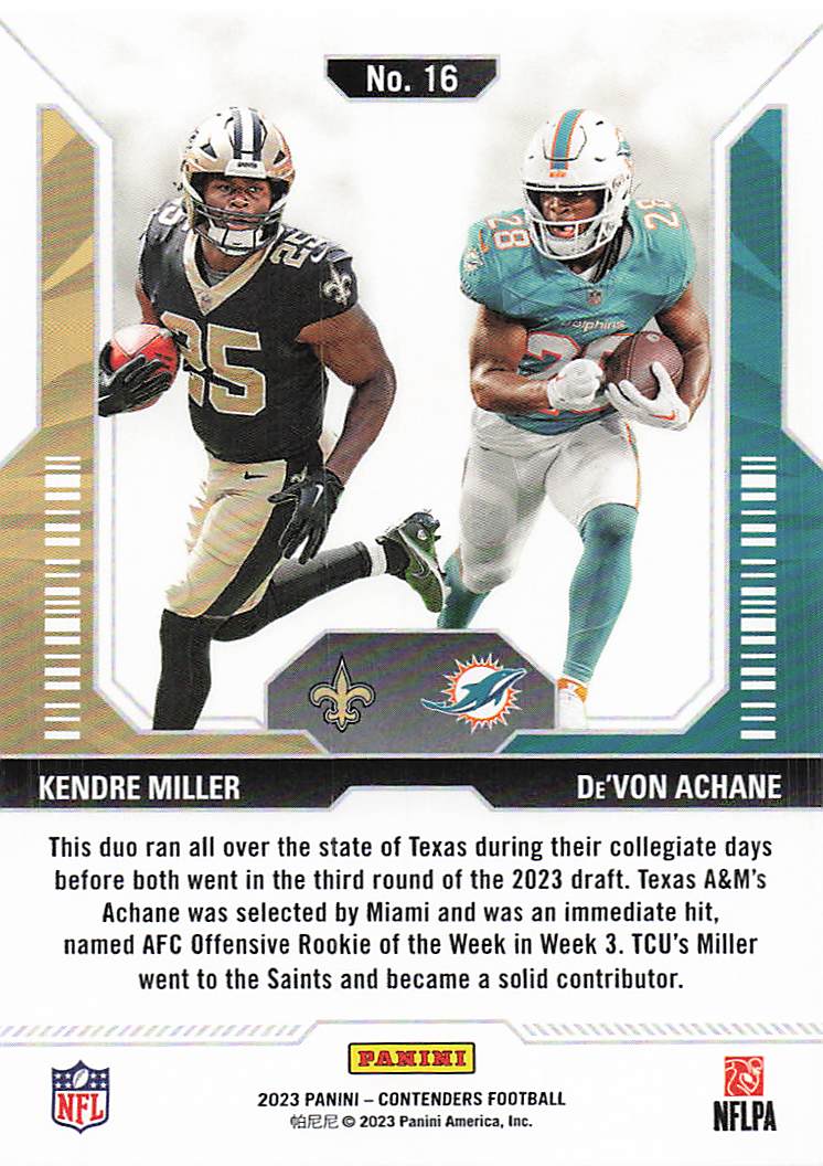 2023 Panini Contenders Round Numbers Kendre Miller - De'Von Achane #16