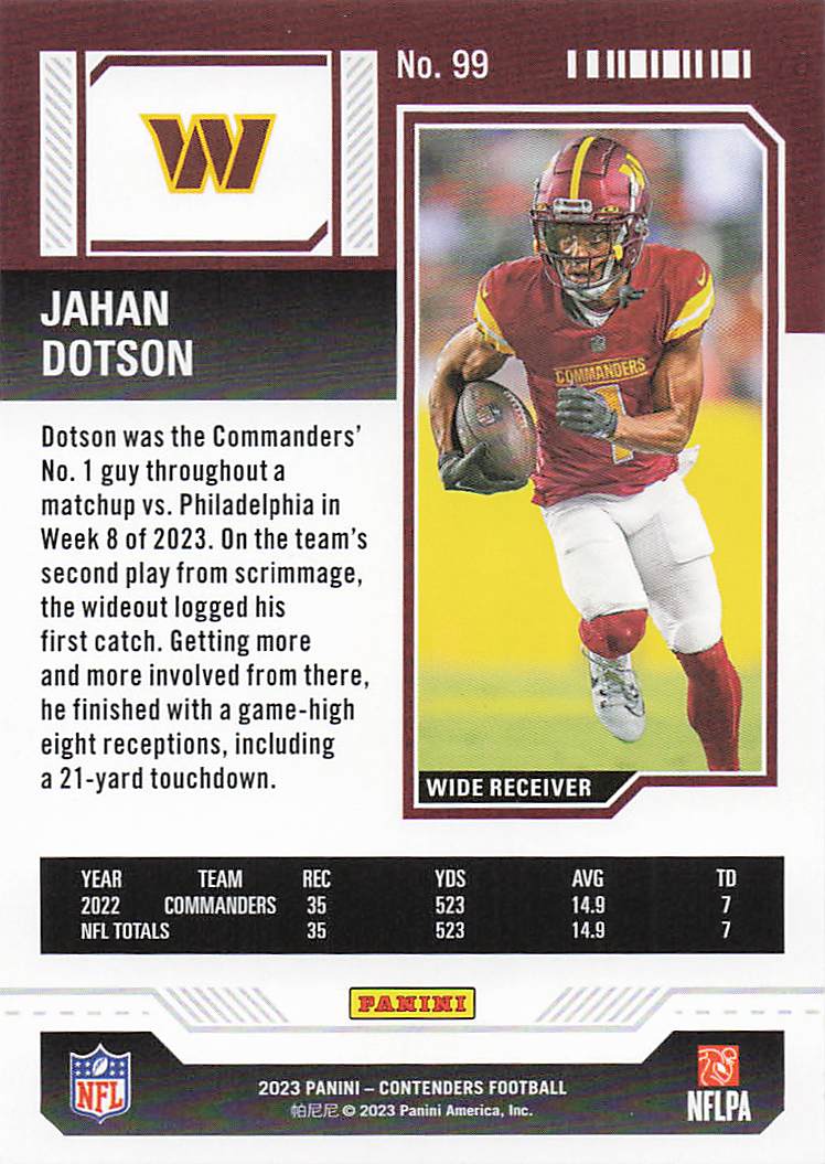 2023 Panini Contenders Bronze Game Ticket Jahan Dotson #99
