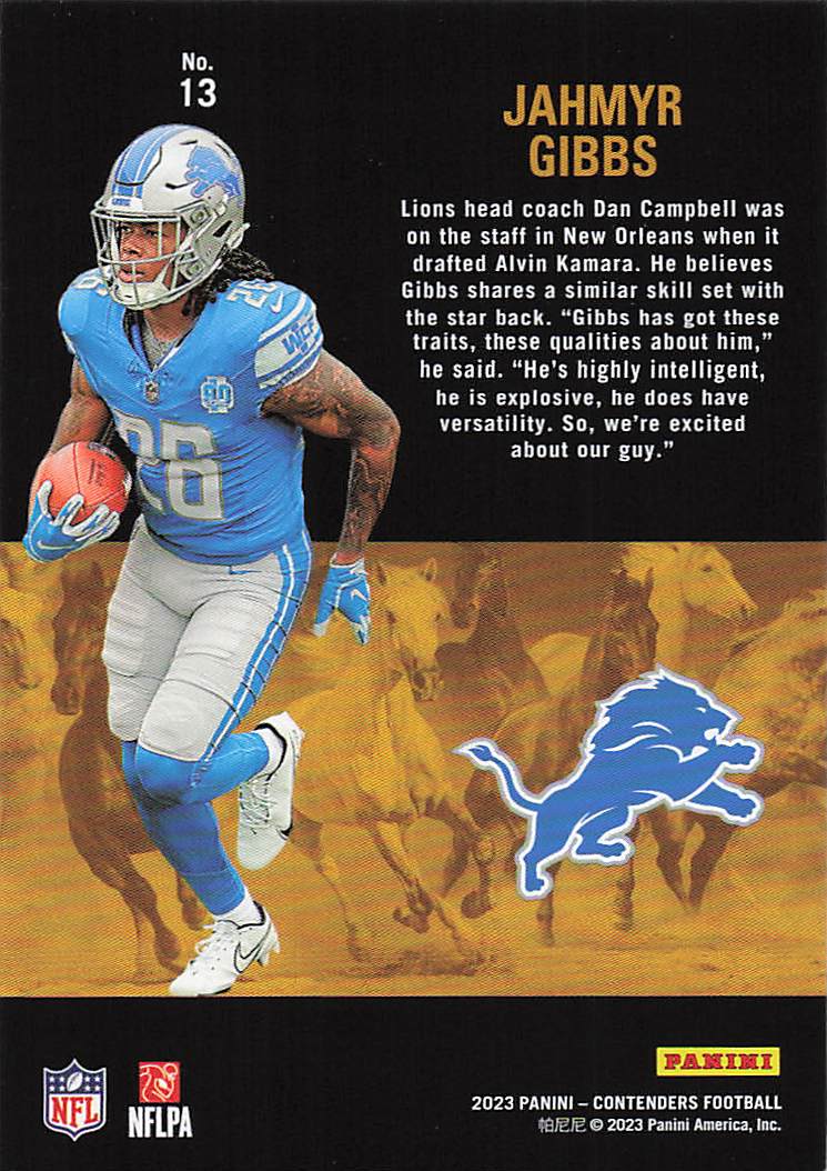 2023 Panini Contenders Rookie Stallions Jahmyr Gibbs #13