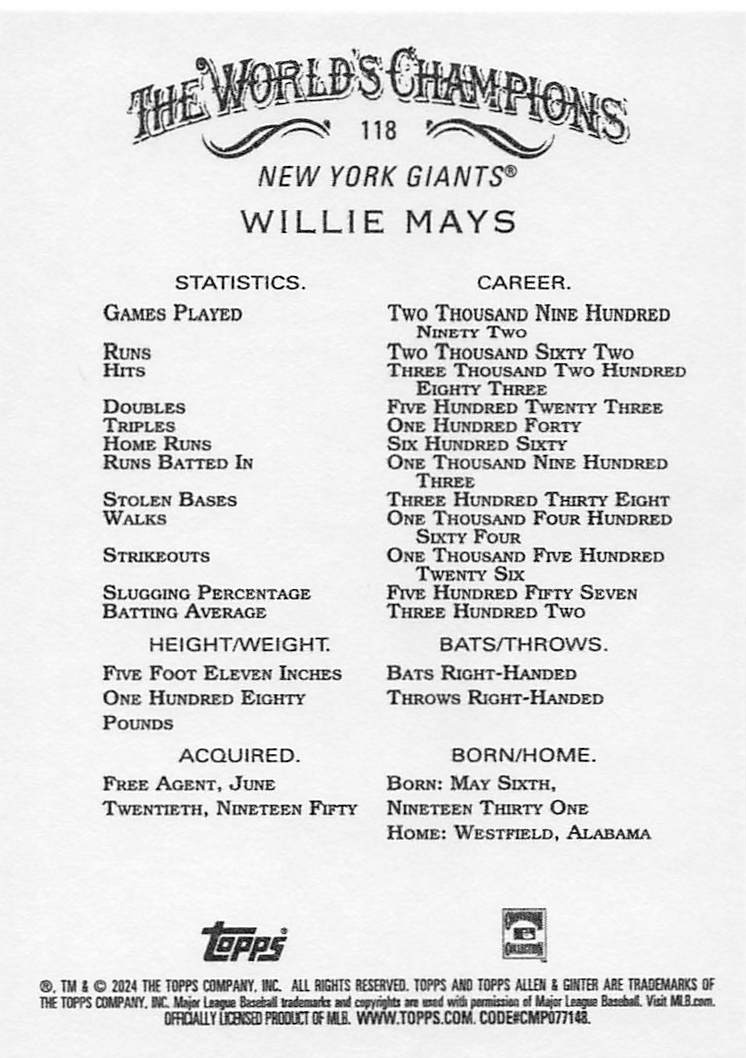 2024 Topps Allen & Ginter  Willie Mays #118