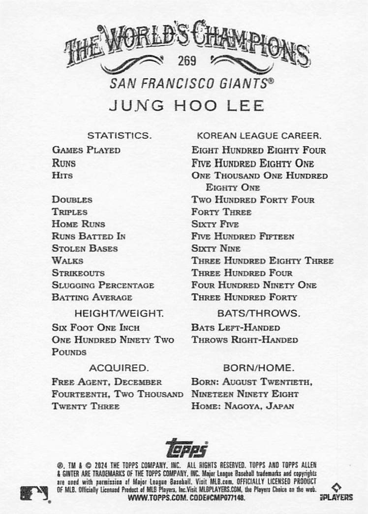 2024 Topps Allen & Ginter  Jung Hoo Lee #269 RC