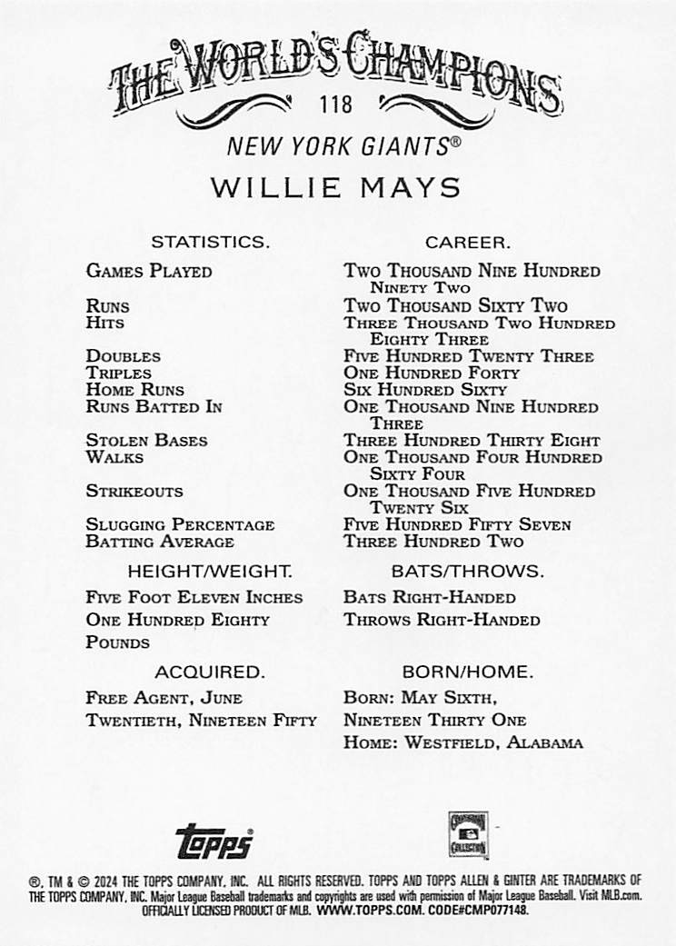 2024 Topps Allen & Ginter Silver Portrait Willie Mays #118