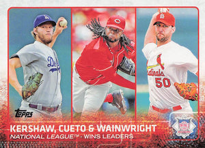 2015 Topps Baseball League Leaders Clayton Kershaw - Johnny Cueto - Adam Wainwright #85