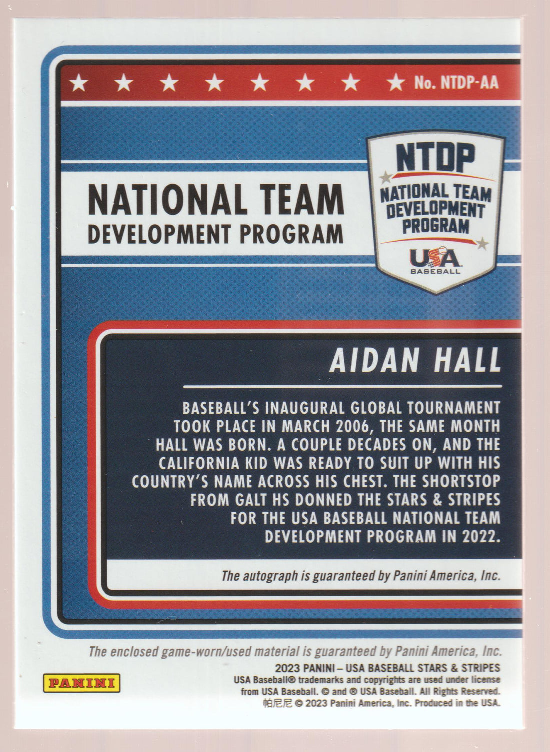 2023 Panini USA Baseball Stars & Stripes USA National Team Development Program Signatures Blue Aidan Hall #NTDP-AA