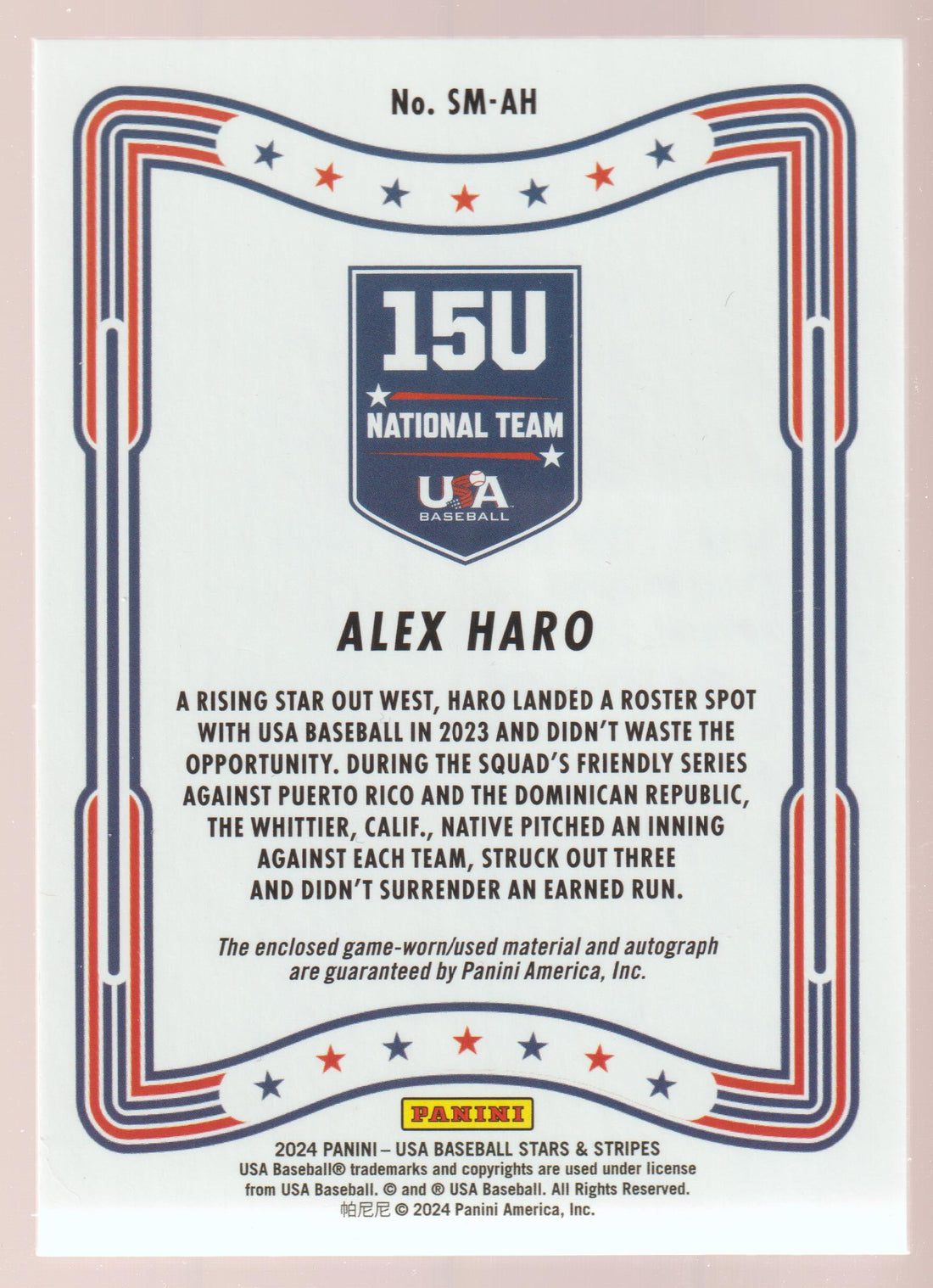 2024 Panini Stars and Stripes Stars and Stripes Materials Signatures Alex Haro SM-AH