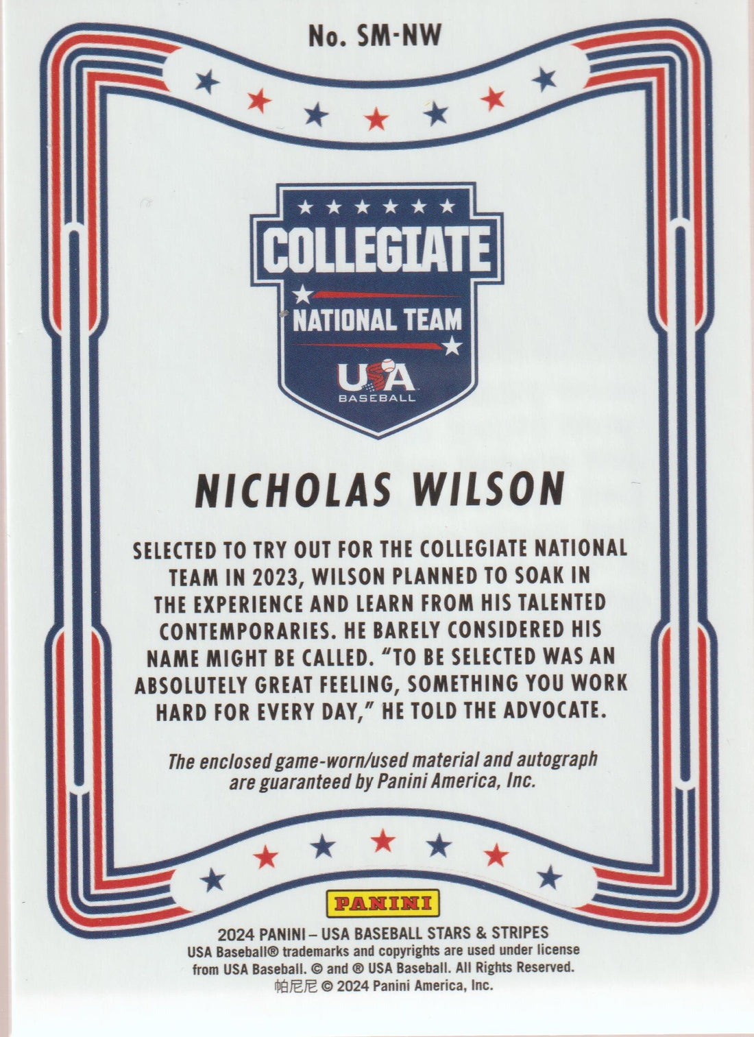 2024 Panini Stars and Stripes Stars and Stripes Materials Signatures Nicholas Wilson #SM-NW