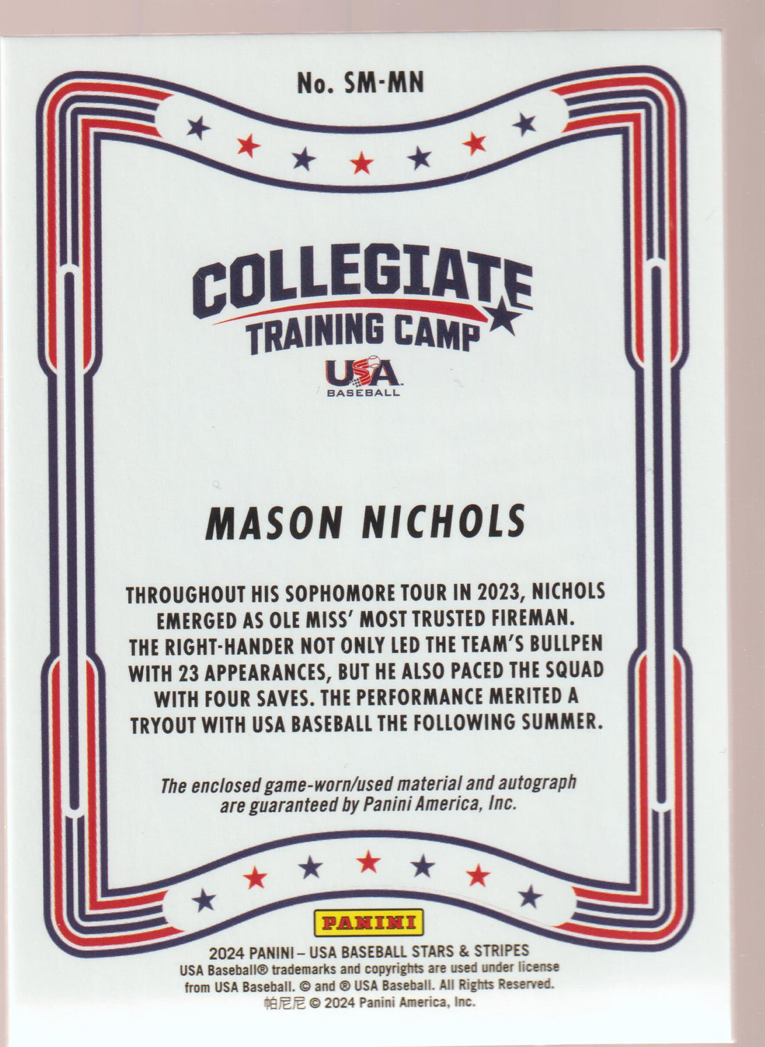 2024 Panini Stars and Stripes Stars and Stripes Materials Signatures Mason Nichols #SM-MN