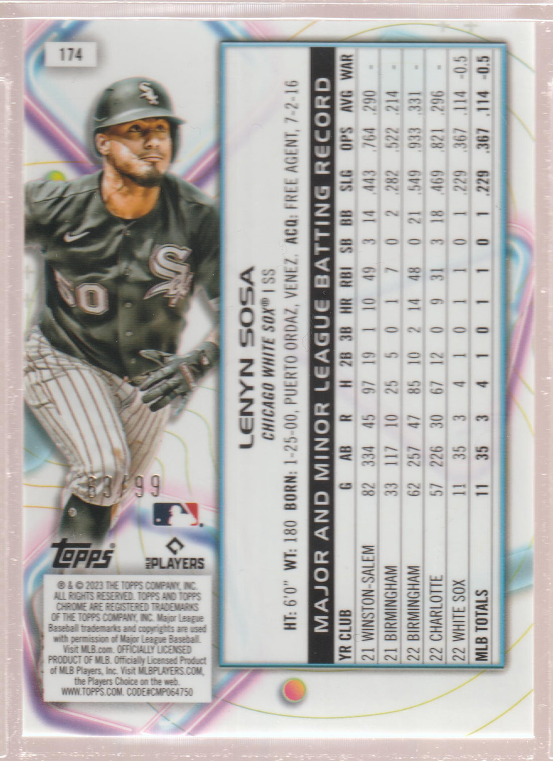 2023 Topps Cosmic Chrome Blue Moon Refractor 63/99 Lenyn Sosa #174 RC