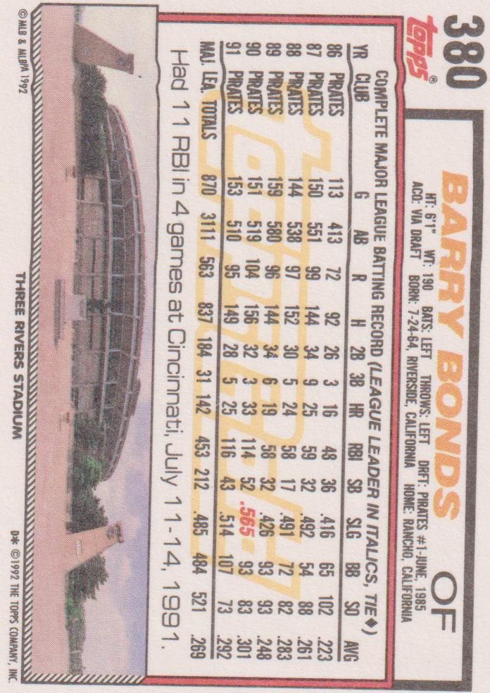 1992 Topps Gold Winner Barry Bonds #380