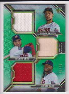 2021 Topps Triple Threads Triple Threads Legends Relic Combo Emerald 17/18 Byron Buxton - Nelson Cruz - Miguel Sano #RCC-BCS