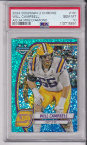 2024 Bowman Chrome University Aqua Mini Diamond 055/275 Will Campbell #181 PSA 10