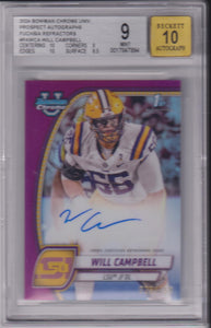 2024 Bowman Chrome University Prospect Autographs Fuchsia Refractors 023/150 Will Campbell #PA-WCA BGS 9/10