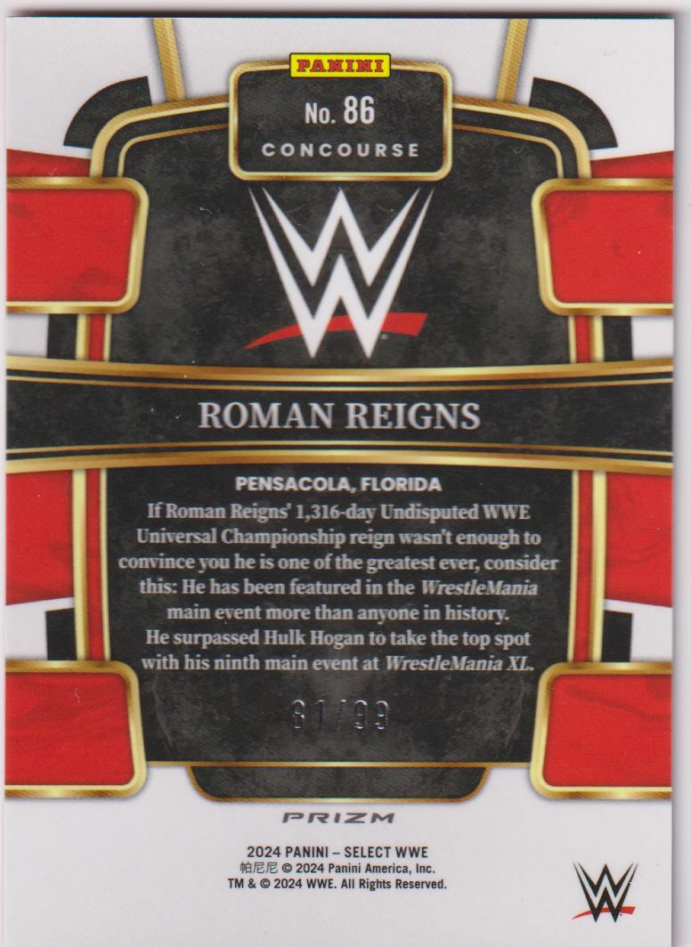 2024 Panini Select Red Wave Prizms 81/99 Roman Reigns #86