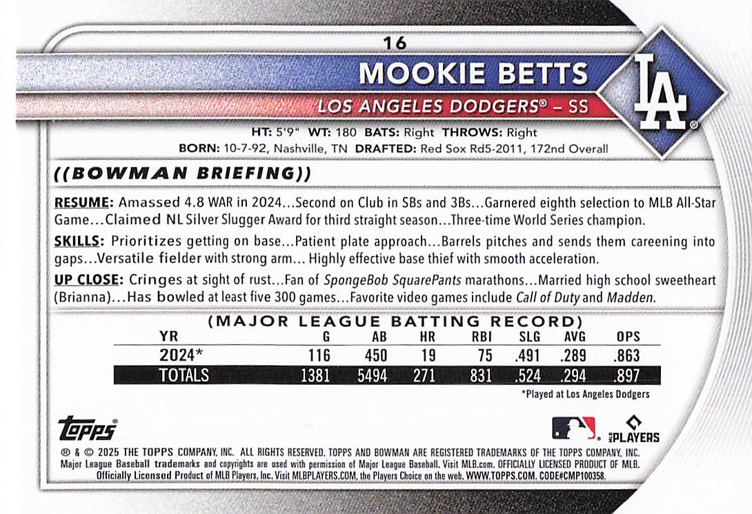 2025 Bowman Baseball Mookie Betts #16