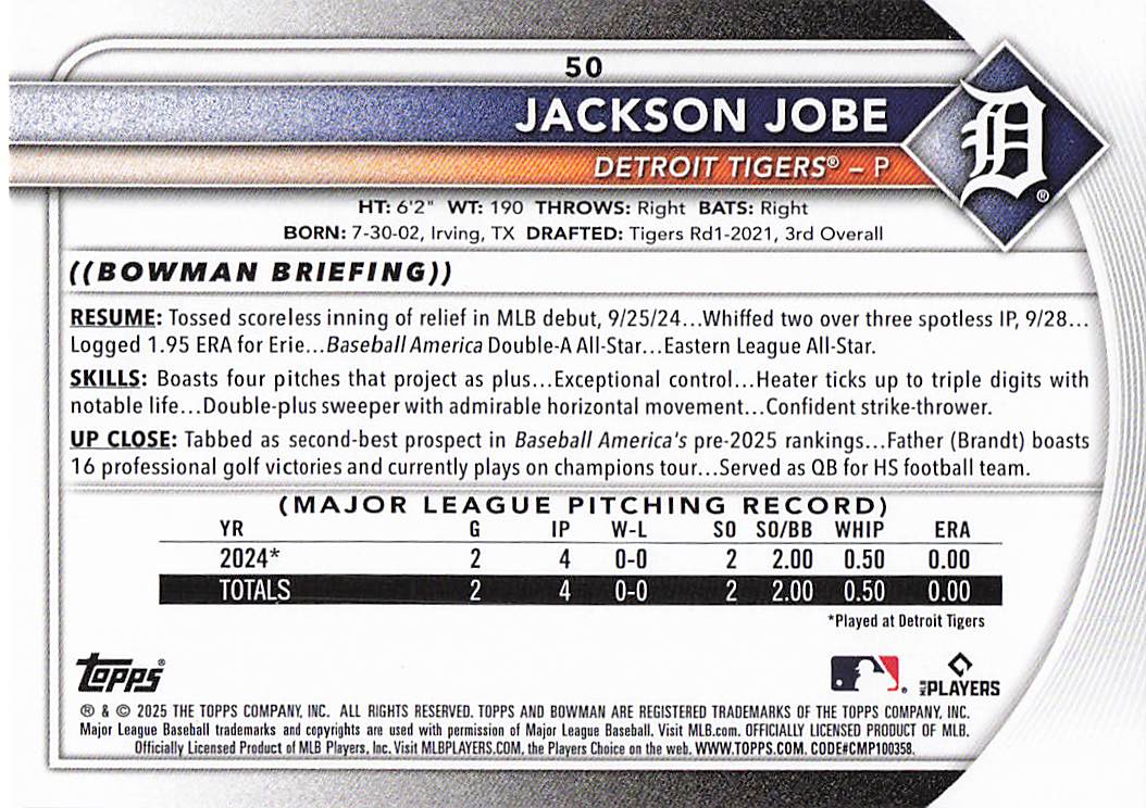 2025 Bowman Baseball Jackson Jobe #50 Rookie