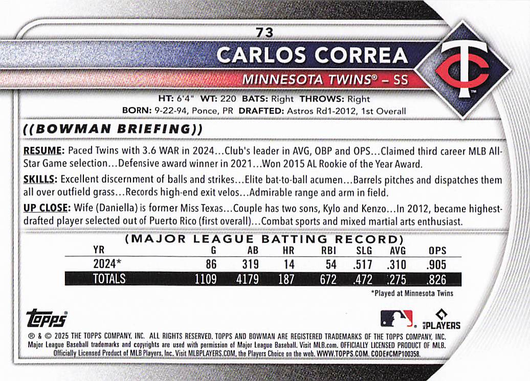 2025 Bowman Baseball Carlos Correa #73