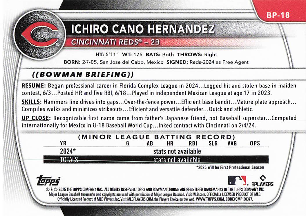 2025 Bowman Baseball Prospects Ichiro Cano Hernandez #BP-18