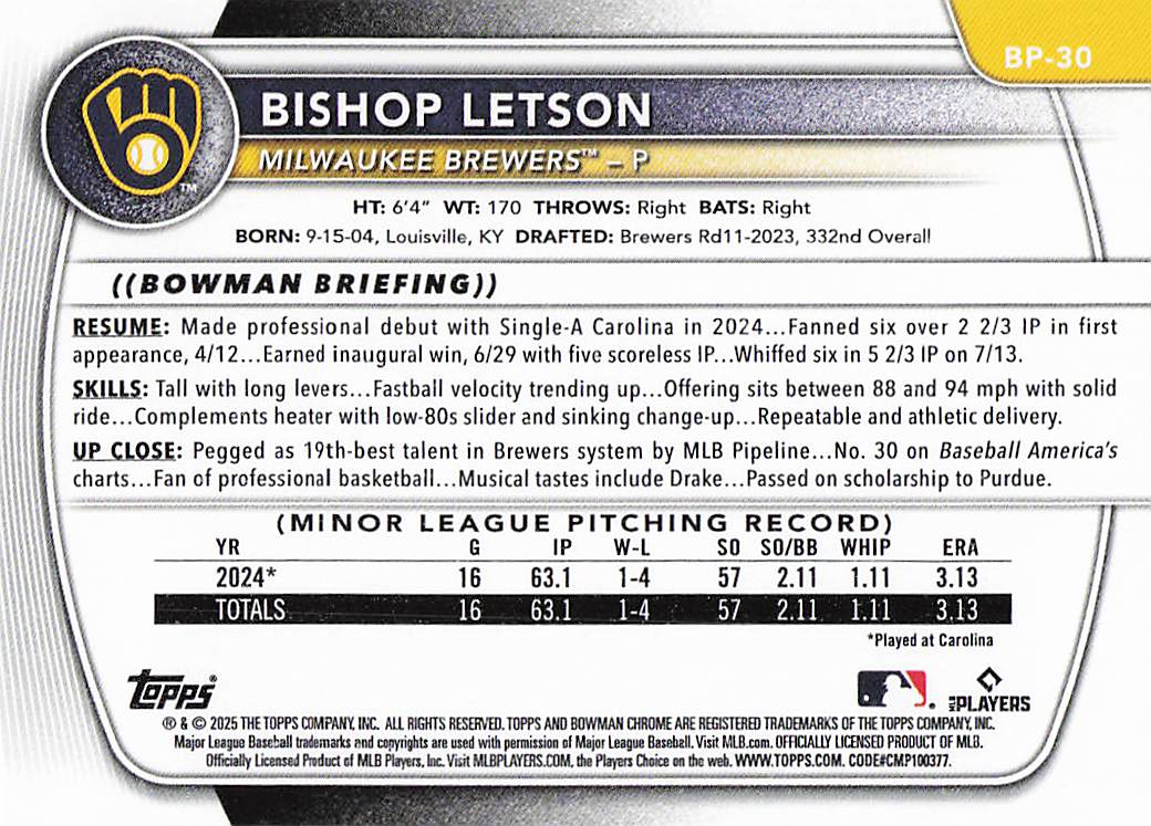 2025 Bowman Baseball Prospects Bishop Letson #BP-30