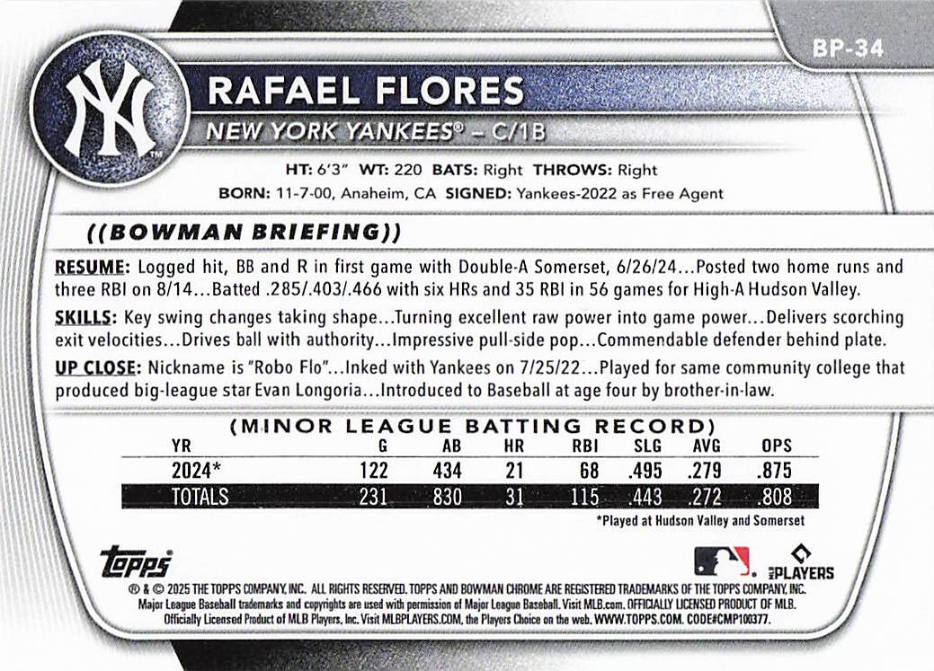 2025 Bowman Baseball Prospects Neon Green Rafael Flores #BP-34