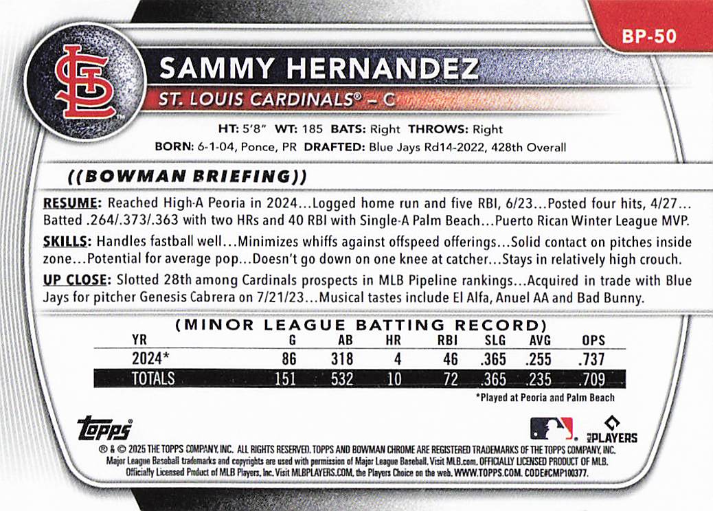 2025 Bowman Baseball Prospects Sammy Hernandez #BP-50
