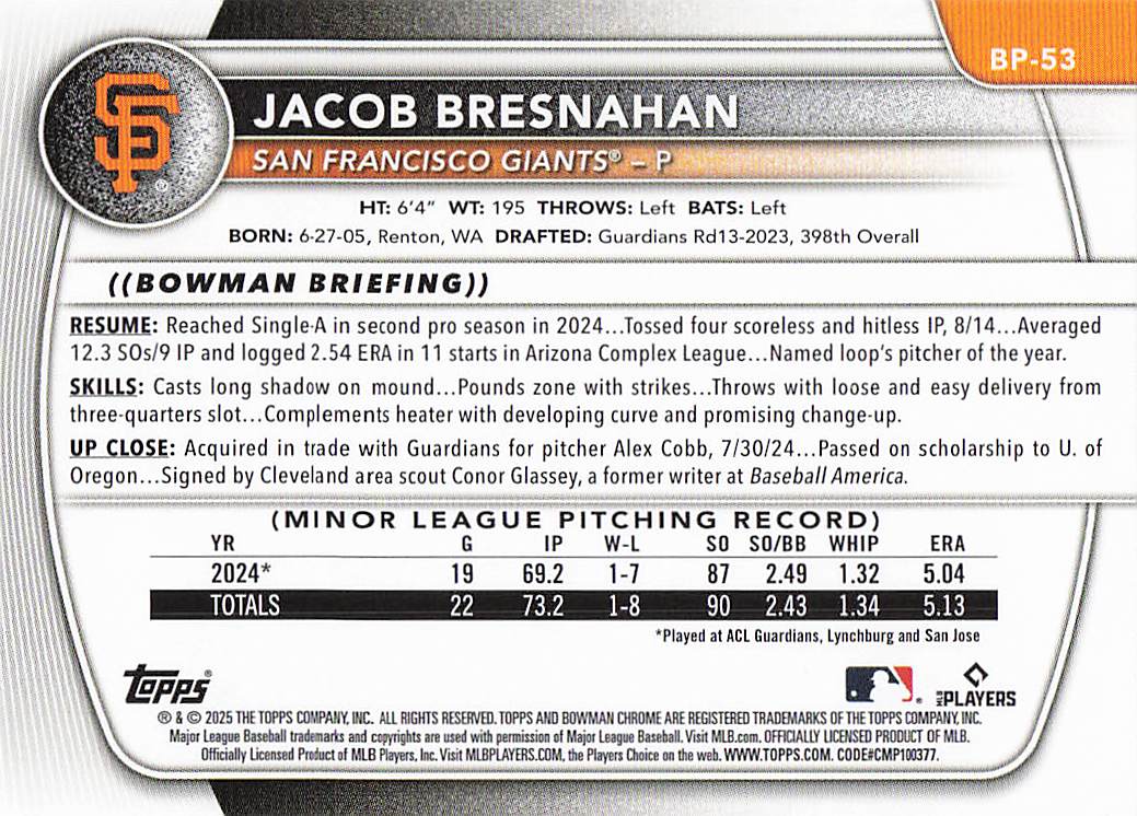 2025 Bowman Baseball Prospects Jacob Bresnahan #BP-53