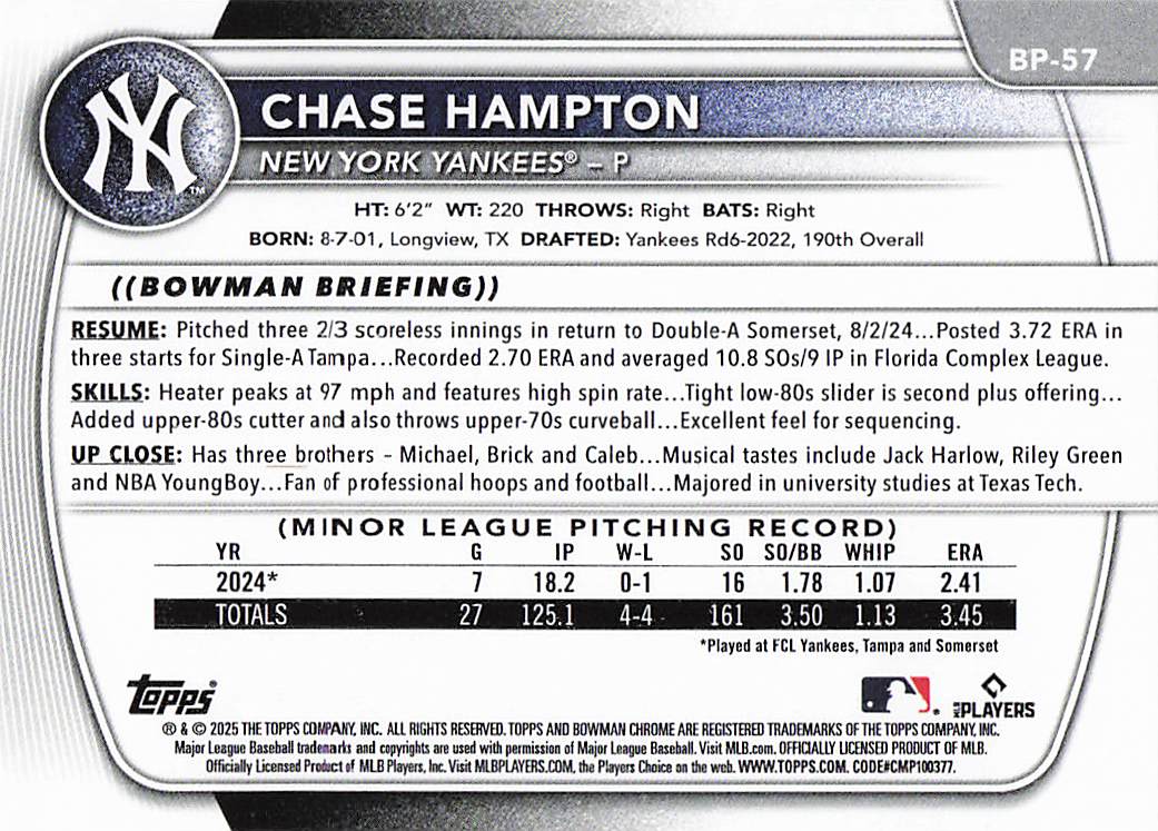 2025 Bowman Baseball Prospects Chase Hampton #BP-57