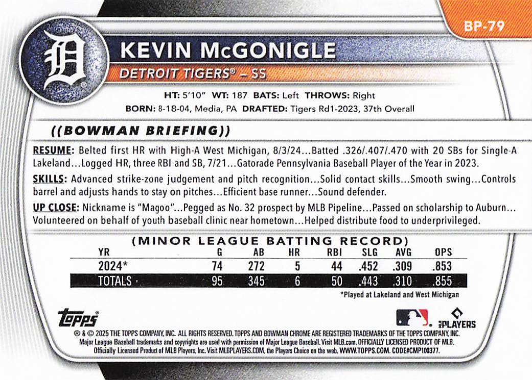 2025 Bowman Baseball Prospects Kevin McGonigle #BP-79