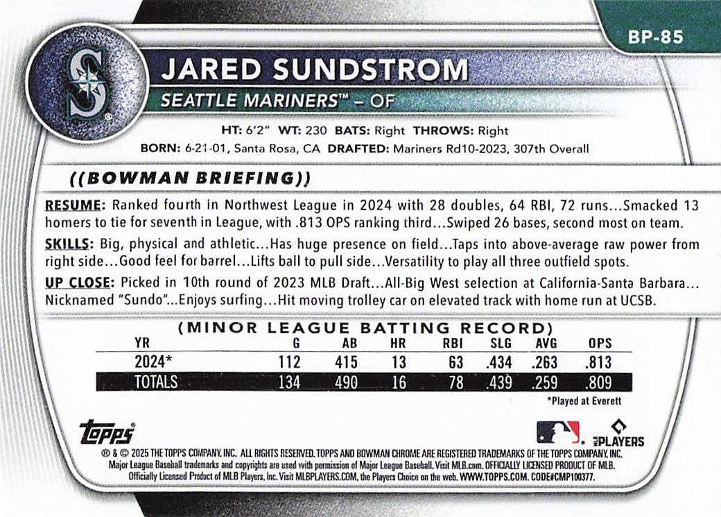 2025 Bowman Baseball Prospects Jared Sundstrom #BP-85
